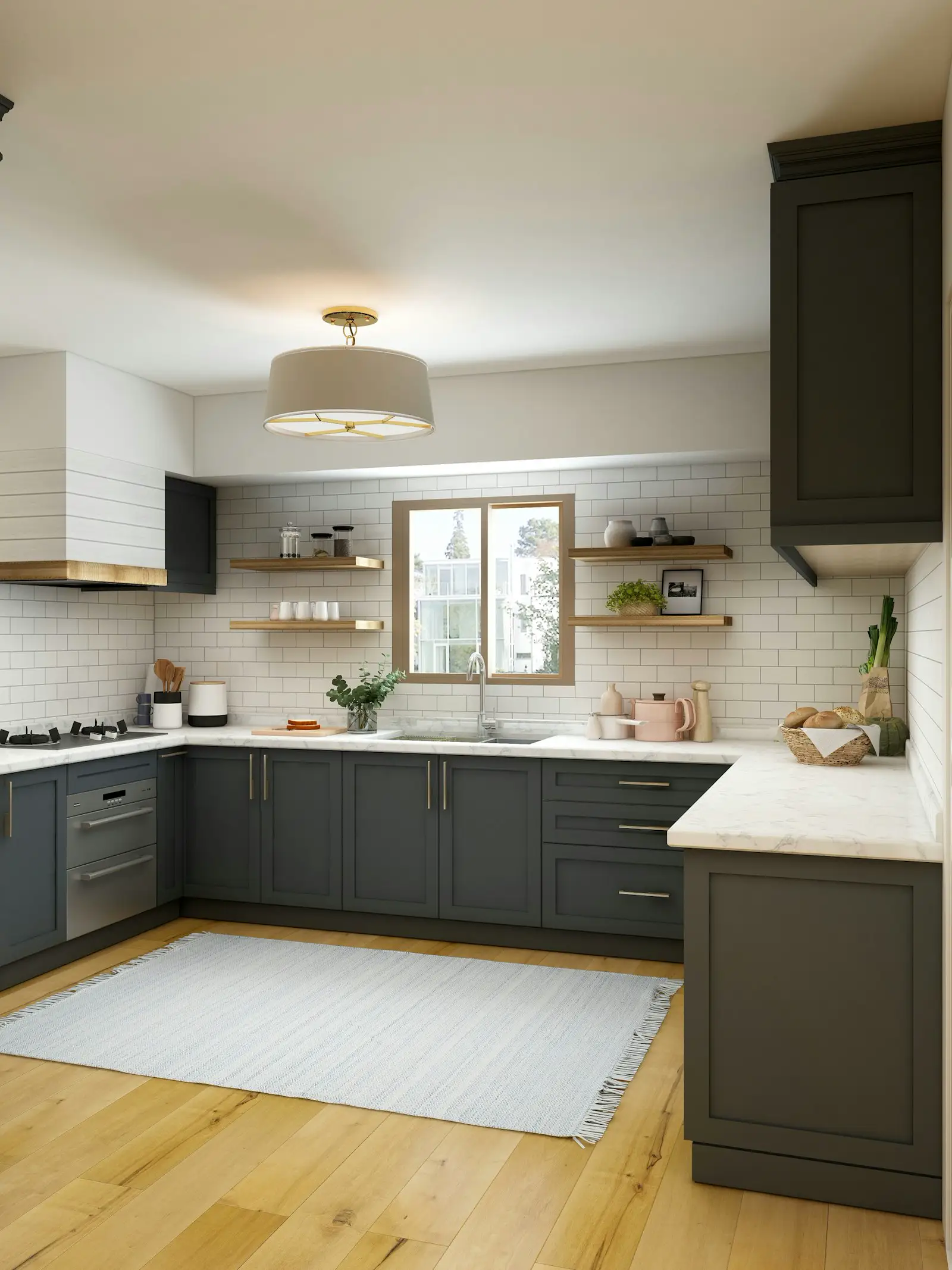 Dark gray cabinets, marble counters, and subway tile. Shown on the Same footprint page for San Jose, CA.